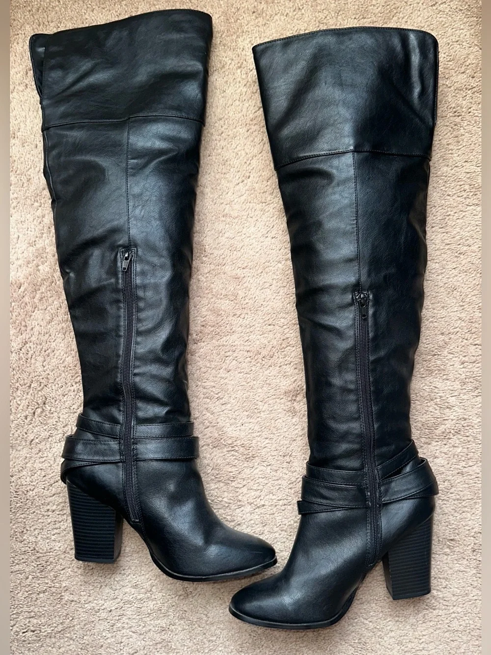 Charlotte Russe Black Over-the-Knee Block Heel Boots with Buckle Straps